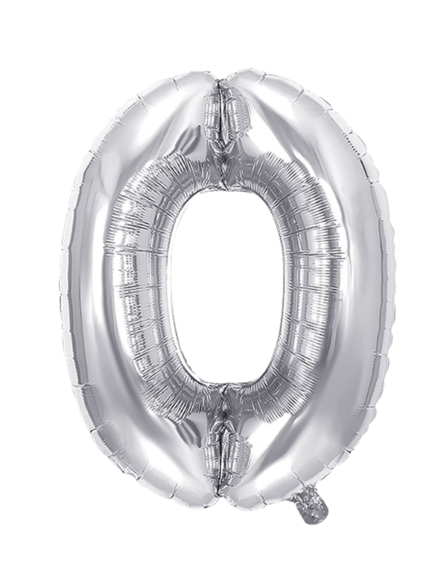 Shiny silver foil balloon shaped as the number zero, 28 inches tall with a smooth metallic finish.