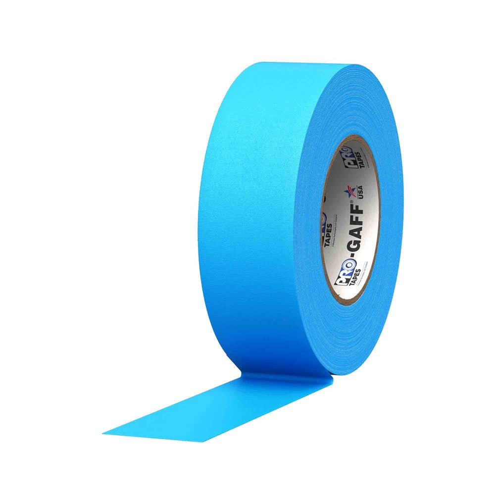 Roll of bright blue cloth gaff tape, 2 inches wide, partially unrolled showing matte texture.