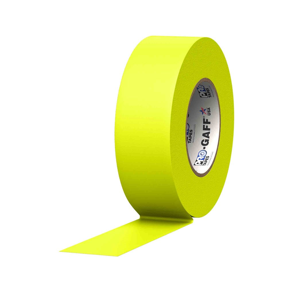 Roll of fluorescent yellow cloth tape with a partially unrolled strip and printed inner core label.