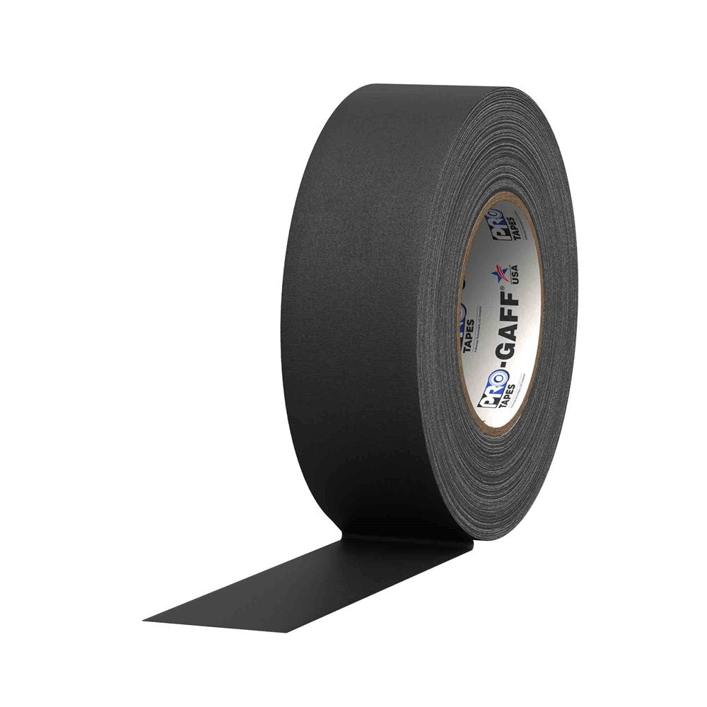 Black cloth gaff tape roll with partially unrolled end and white inner label with blue and red text.