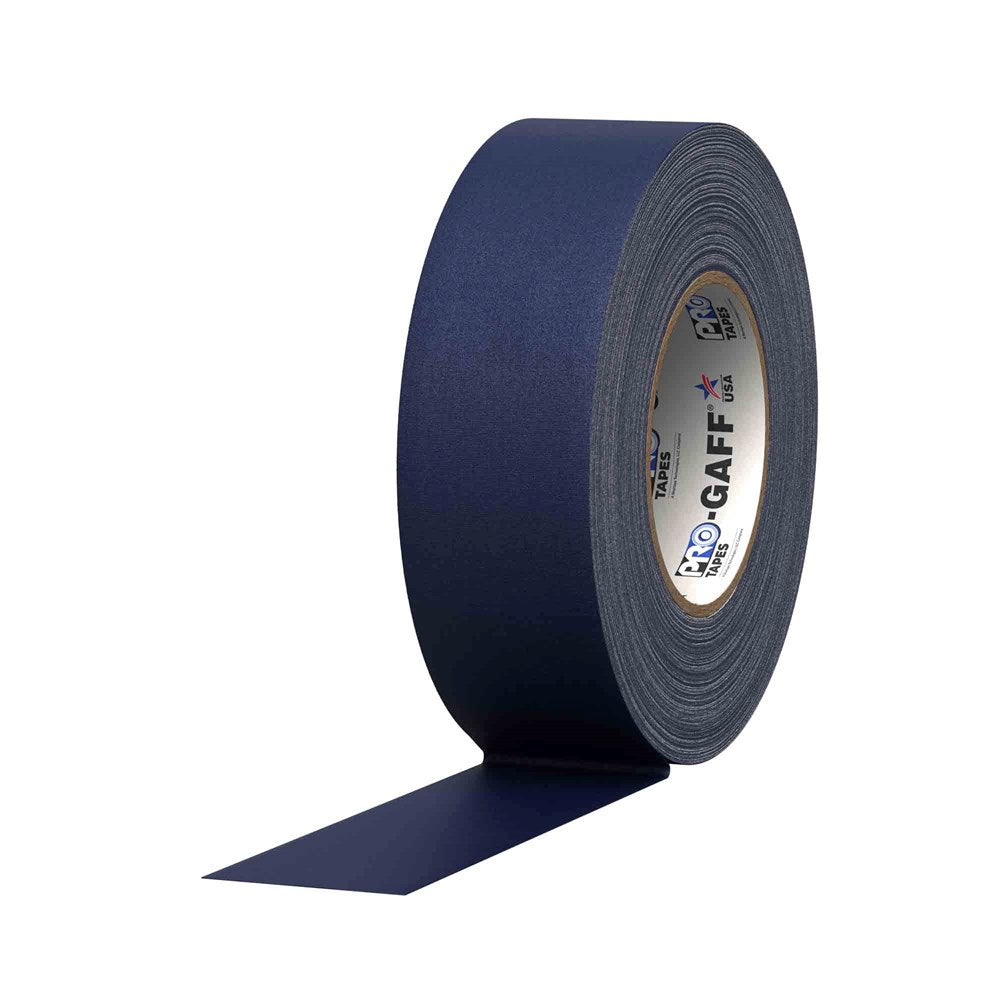 Roll of dark blue cloth gaff tape partially unrolled, wide and sturdy for heavy-duty use.