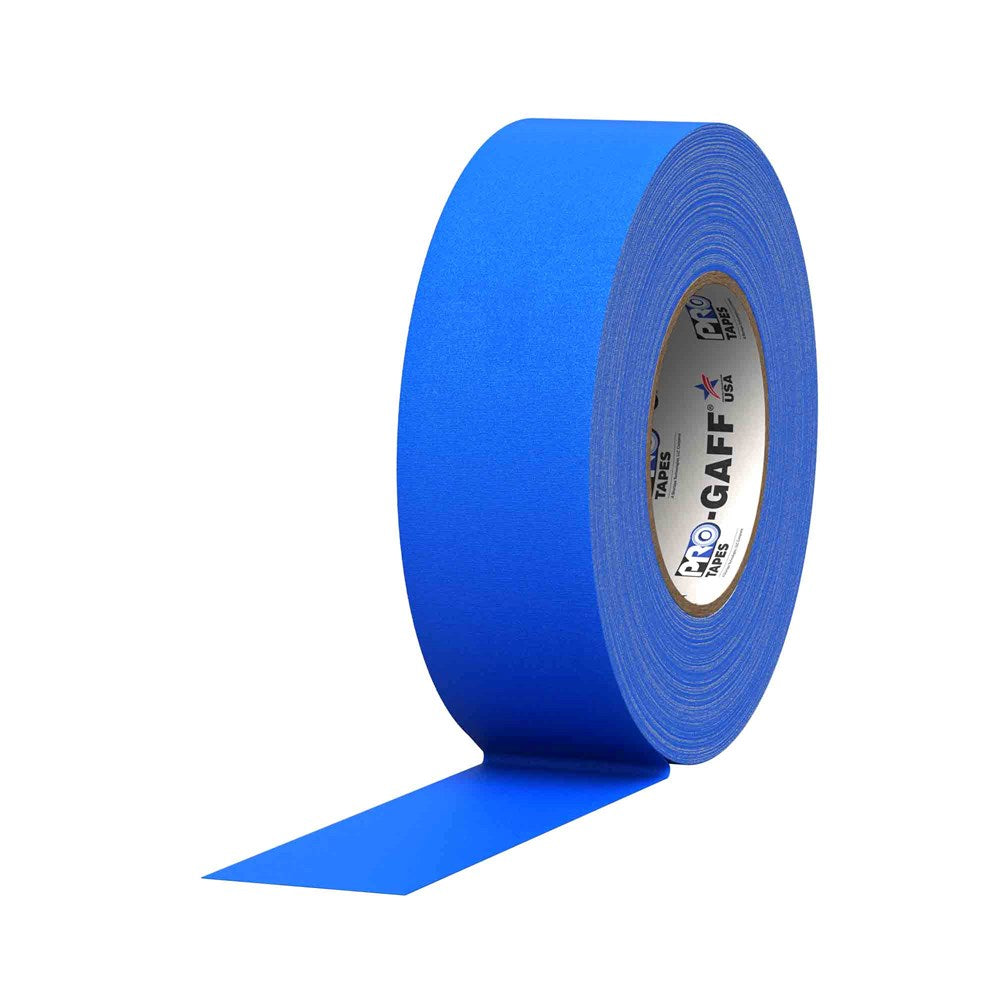 Roll of electric blue cloth tape with matte finish, labeled Pro Tapes Gaff, 2 inches by 55 yards.