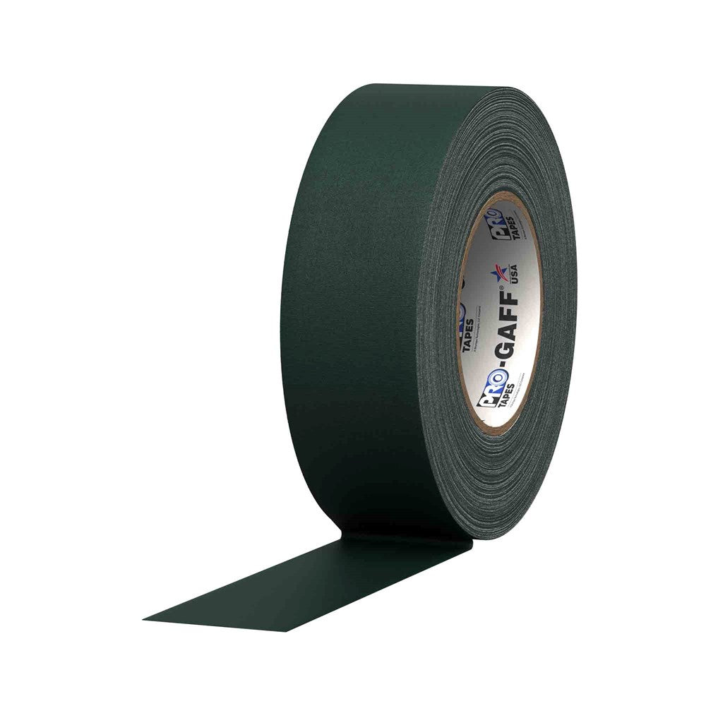Dark green cloth tape roll with matte finish, partially unrolled strip, branded core label visible.