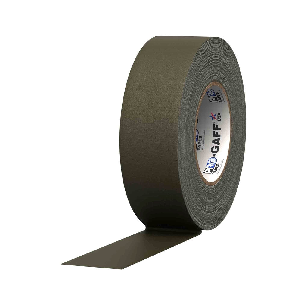 Roll of olive drab green cloth tape labeled Pro Tapes Gaff, 2 inches by 55 yards, partially unrolled with matte finish.