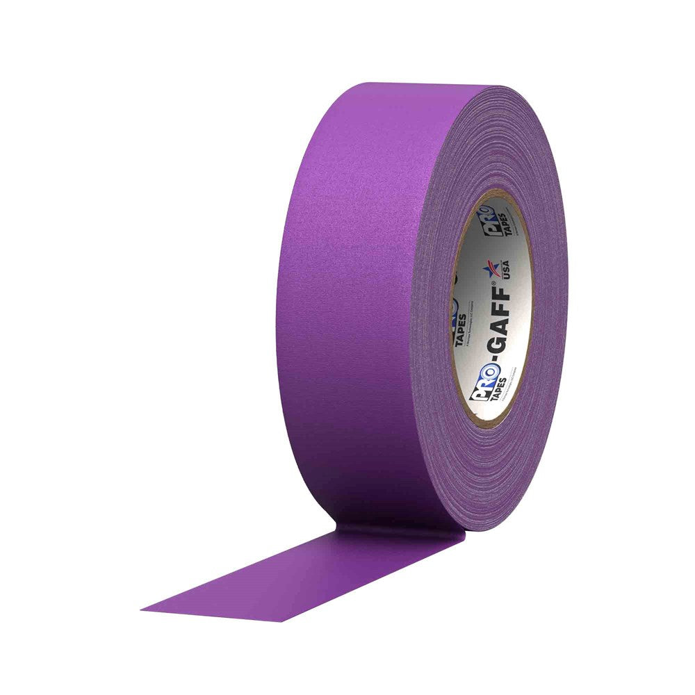 Purple cloth gaff tape roll with matte finish, partially unrolled strip visible.