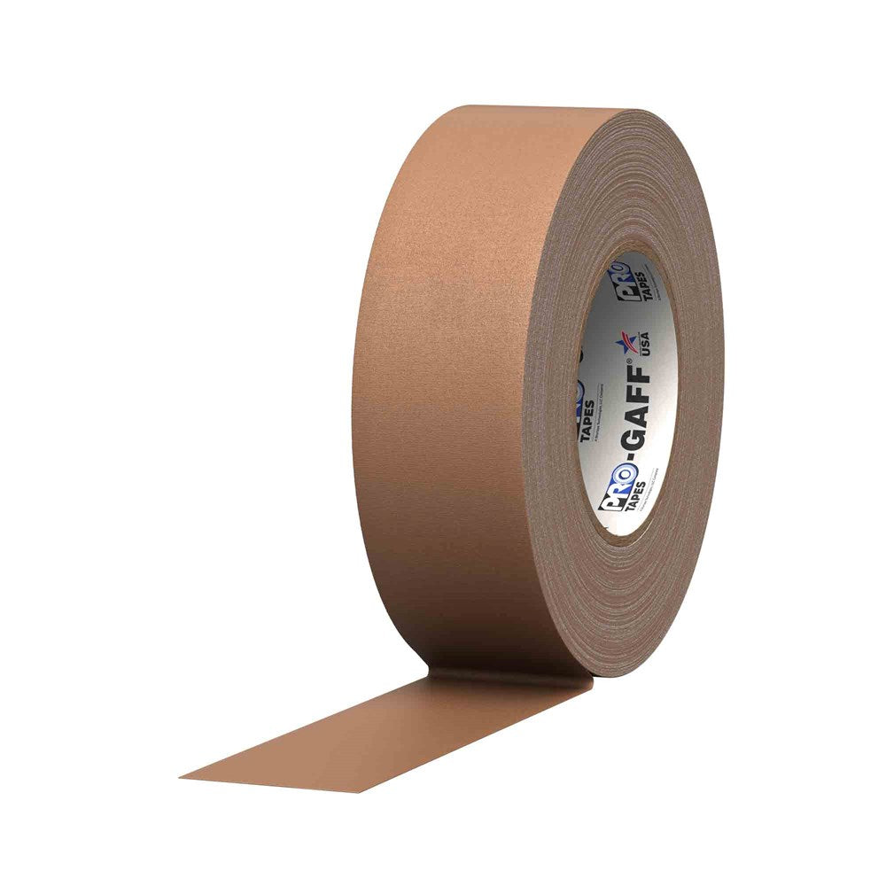 Tan cloth gaff tape roll with partially unrolled strip, branded inner core, 2-inch width.