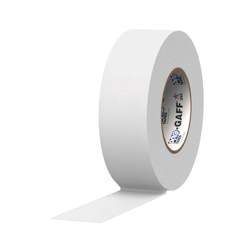 White cloth tape roll with matte finish and blue, red, and black text on inner label.