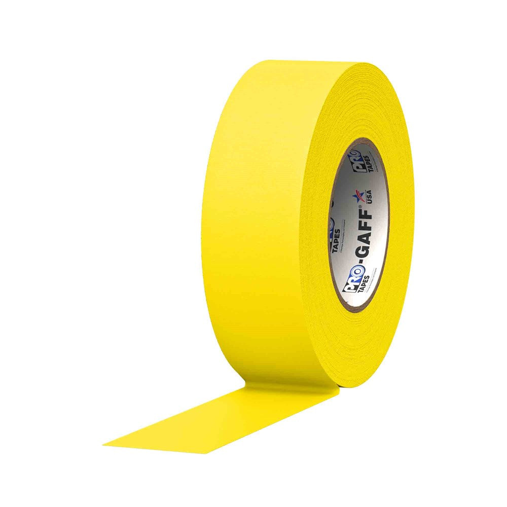 Bright yellow cloth tape roll with matte finish, labeled Pro Tapes Gaff, 2-inch width, 55 yards long.