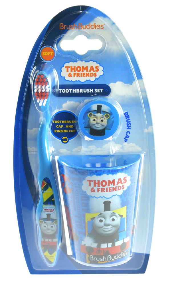 Blue Thomas & Friends manual toothbrush with red and white bristles, matching blue rinse cup featuring Thomas the Tank.