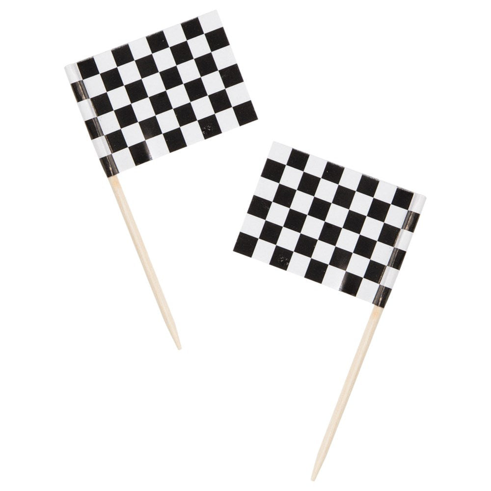 Small black and white checkered flag picks with wooden sticks, 2.5 inch size, 50 count pack.