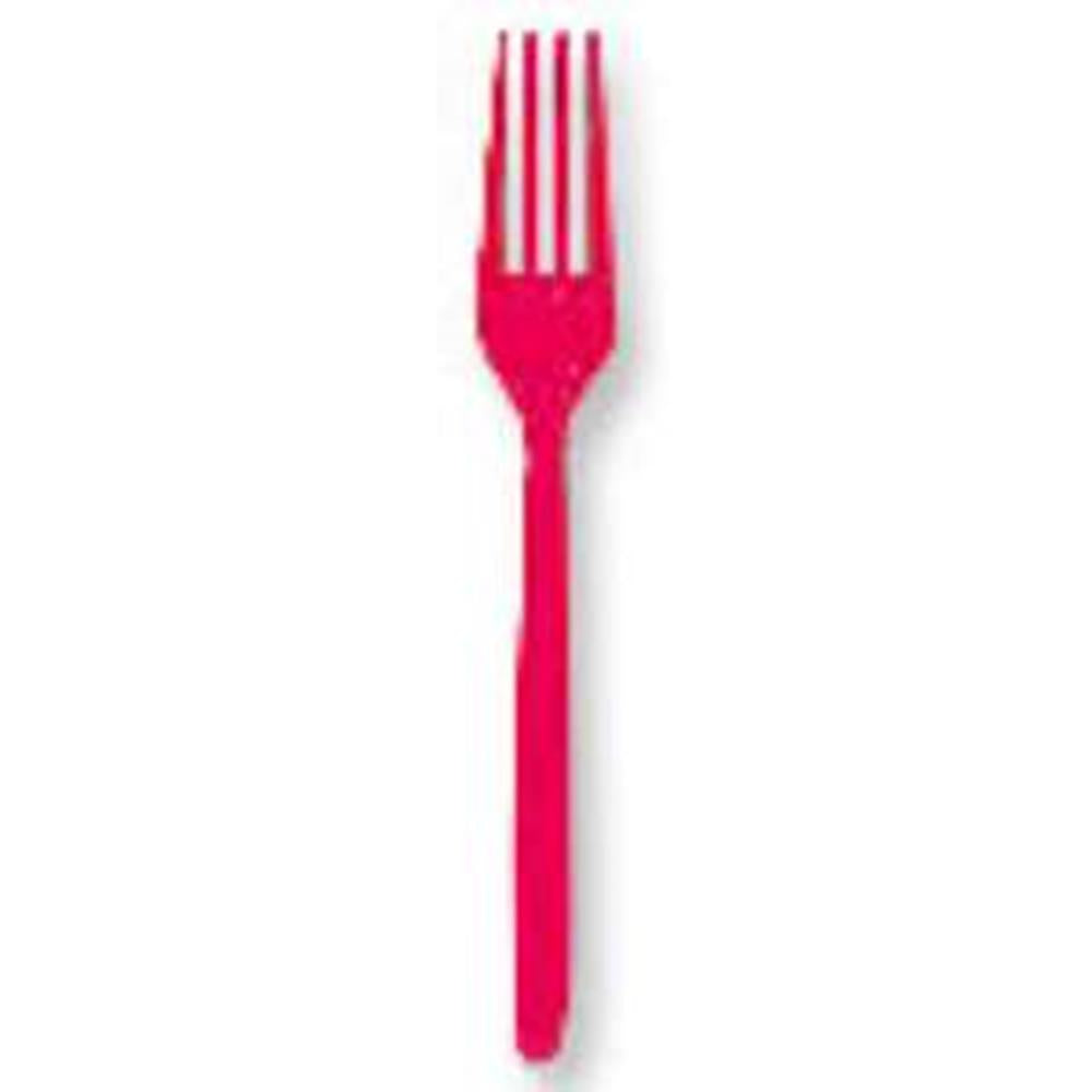 Hot magenta plastic fork with four tines and slim handle.