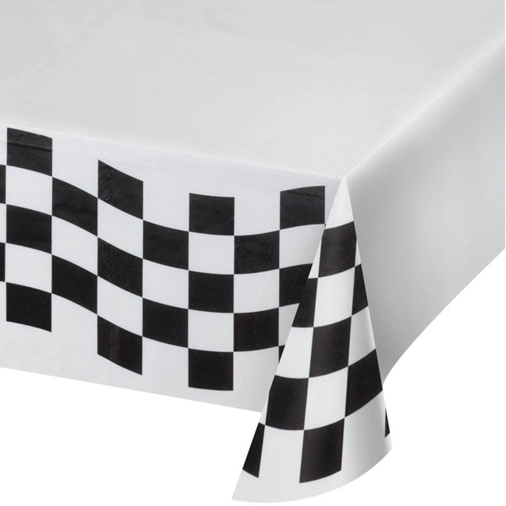 White rectangular paper tablecover with a black checkered border design.