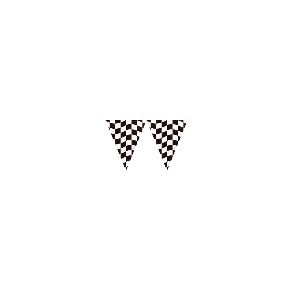 Black and white checkered triangular flag banner on white background.