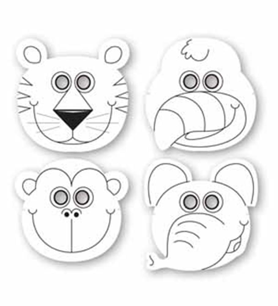Set of four black and white animal face masks including tiger, toucan, monkey, and elephant shapes with string holes for.
