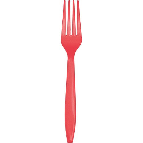 Coral-colored plastic fork with four tines and smooth handle.