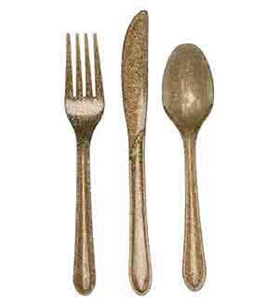 Gold glitter plastic fork, knife, and spoon set with a shiny finish.