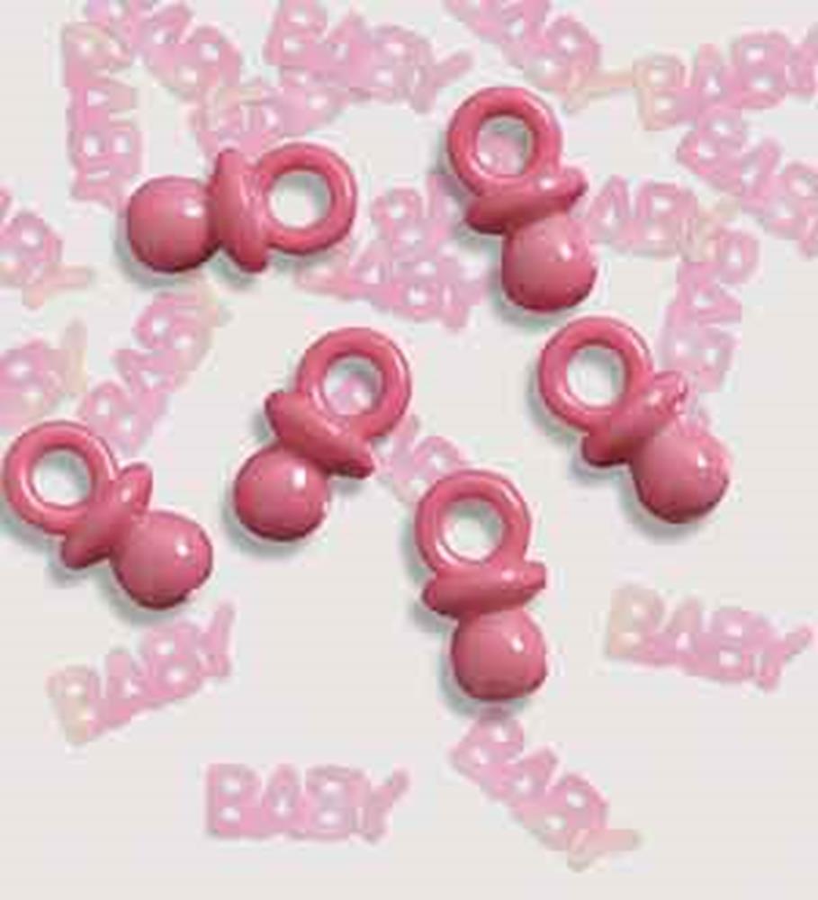 Pink plastic pacifier confetti with pink "BABY" text confetti scattered on a white background.