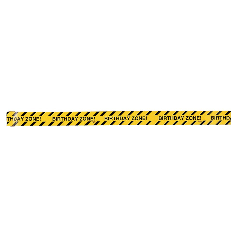 Yellow construction warning tape with black diagonal stripes and repeated "BIRTHDAY ZONE!" text in black.