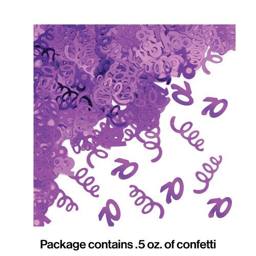 Purple metallic confetti with "70" and spiral shapes for milestone birthday celebration.