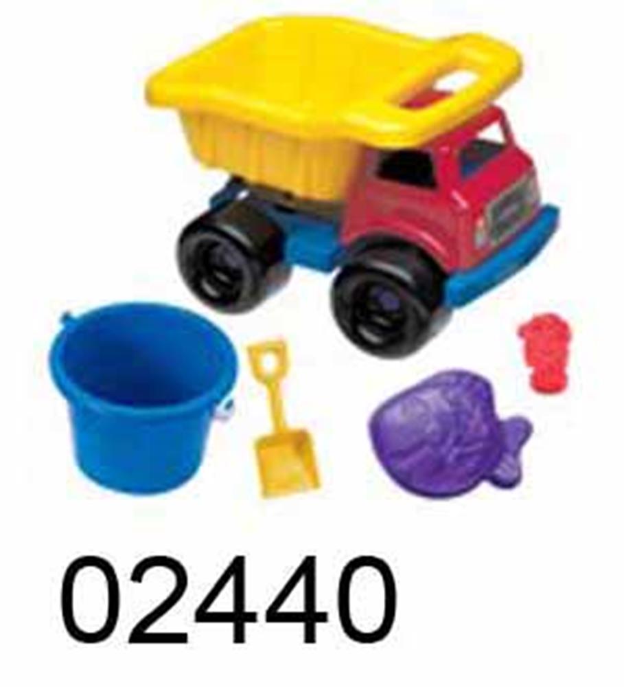 Red and yellow plastic toy dump truck with black wheels, blue bucket, yellow shovel, purple fish mold, and red sand mold.