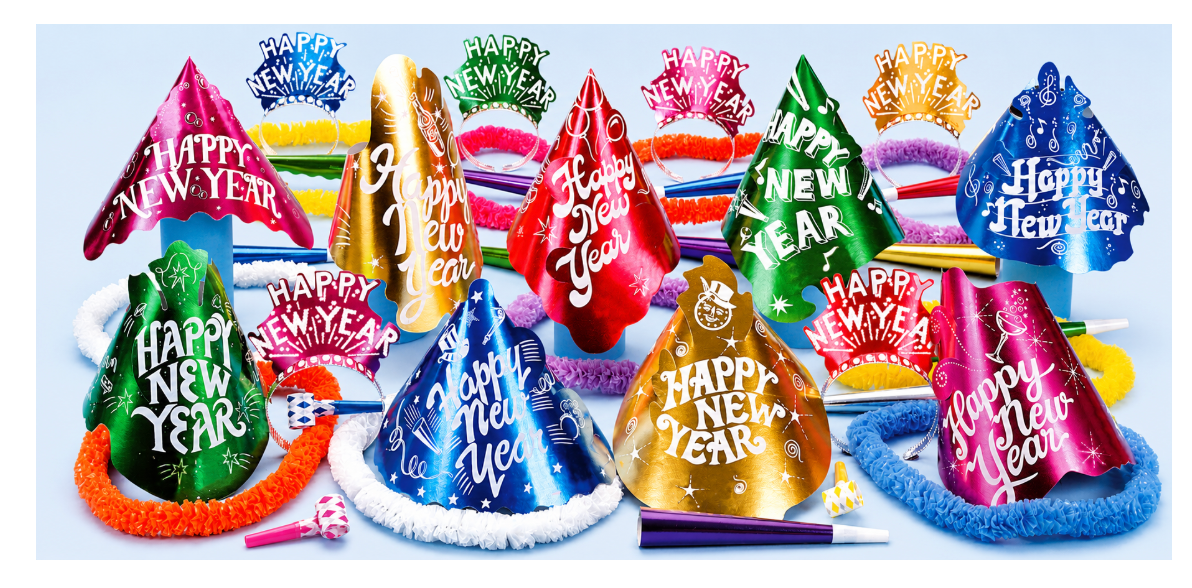 Colorful cone-shaped party hats with "Happy New Year" printed, featuring shiny metallic finishes and star accents.