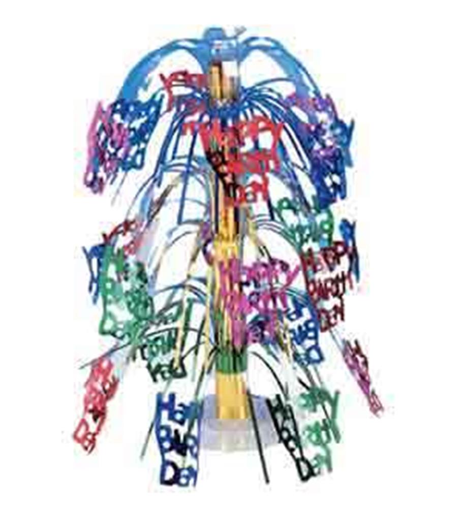 Colorful metallic "Happy Birthday" cutouts hanging from blue and gold streamers on a spiral centerpiece stand.