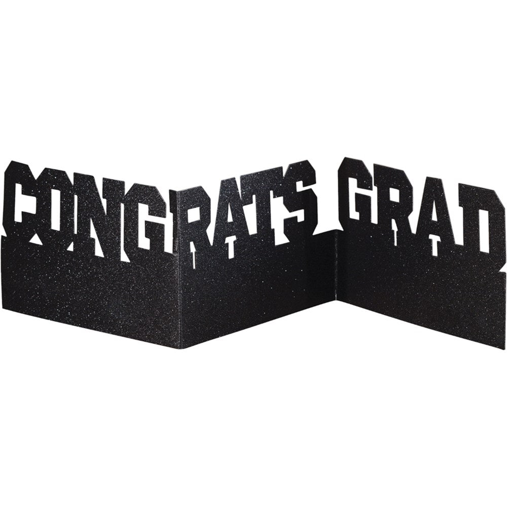 Black glitter accordion centerpiece spelling out "CONGRATS GRAD" in bold letters.