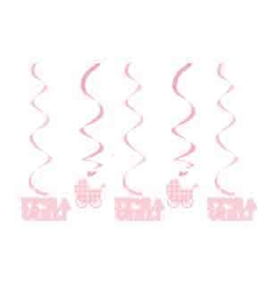 Pink spiral hanging swirl decorations with gingham baby carriage and "It's a Girl" cutout accents.