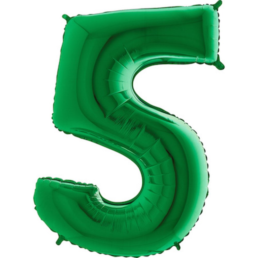 Green foil balloon shaped like the number 5 with a shiny metallic finish.