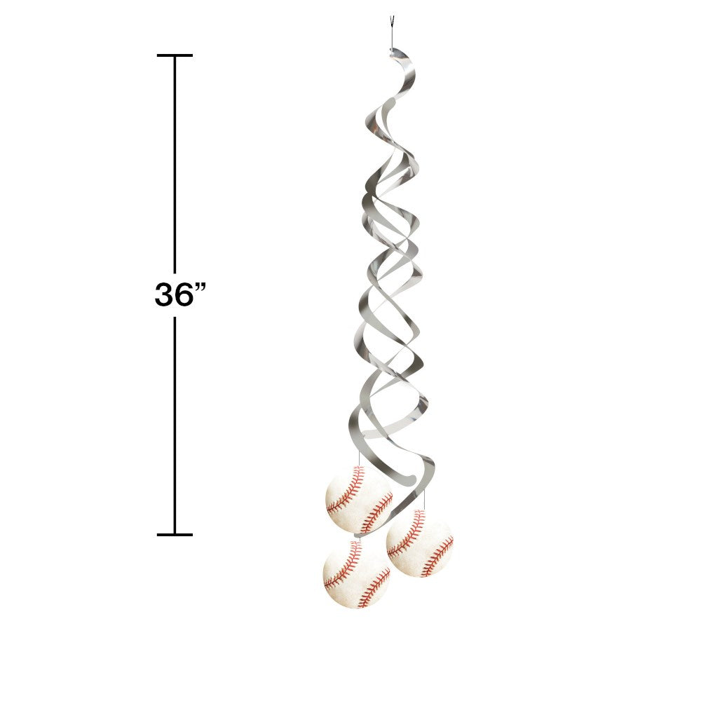 36-inch silver spiral dangler with three hanging baseballs at the bottom.
