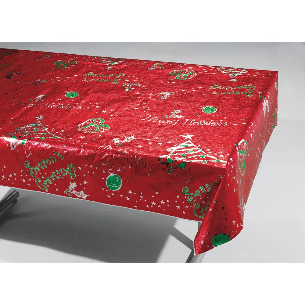 Metallic red tablecover with green and gold holiday-themed prints including Christmas trees and ornaments.