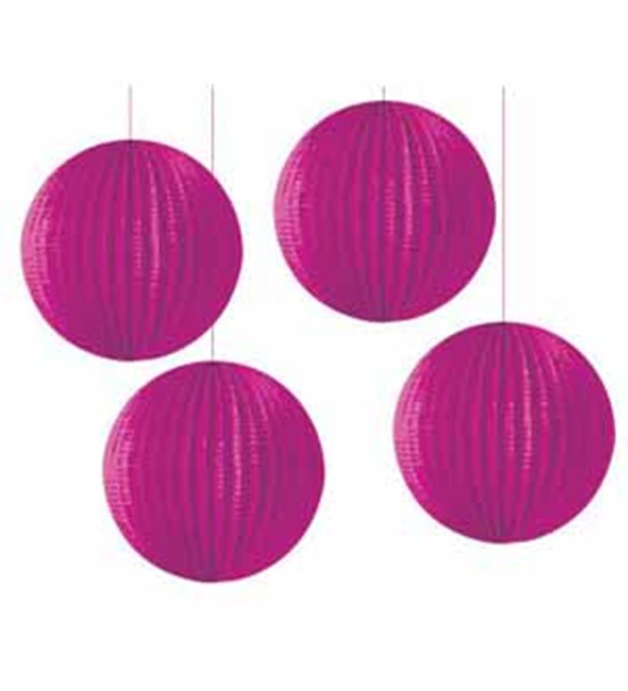 Set of four raspberry pink round paper lanterns with ribbed texture and hanging strings.