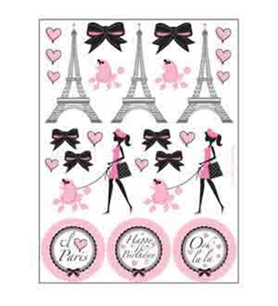 Paris-themed stickers featuring Eiffel Towers, black bows, pink poodles, hearts, and girls in pink dresses with circular.