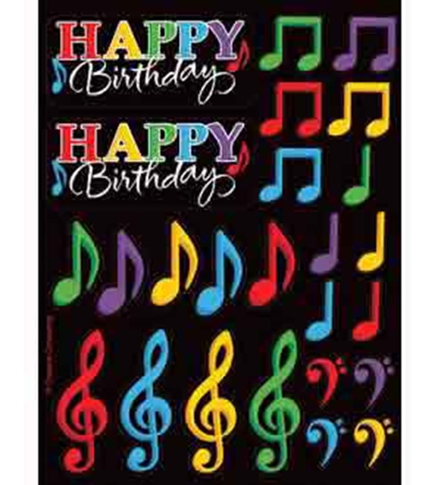 Colorful music note stickers including treble clefs, eighth notes, and sixteenth notes in neon red, blue, yellow, green, and
