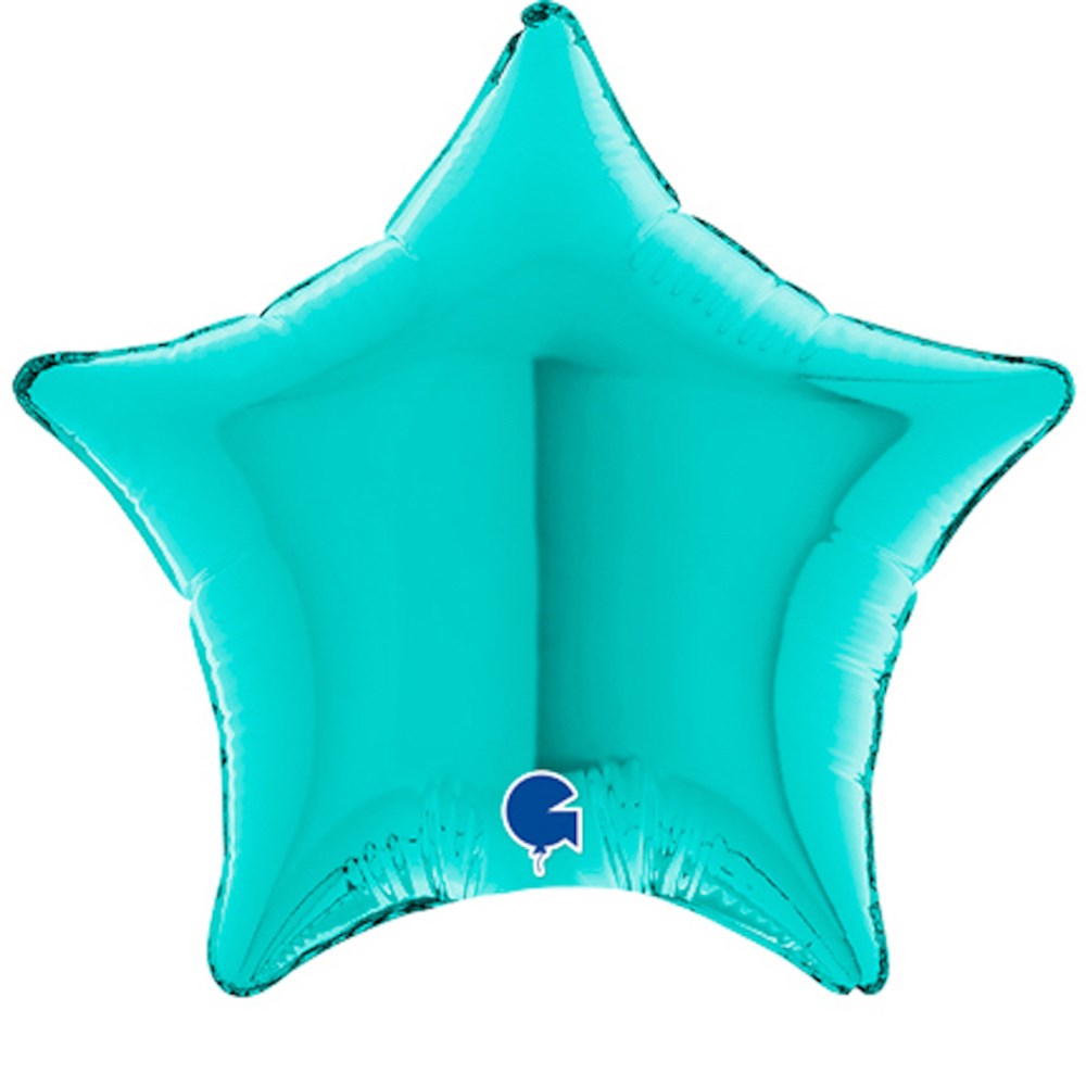 Shiny teal blue foil balloon shaped like a five-point star with smooth surface and sealed edges.