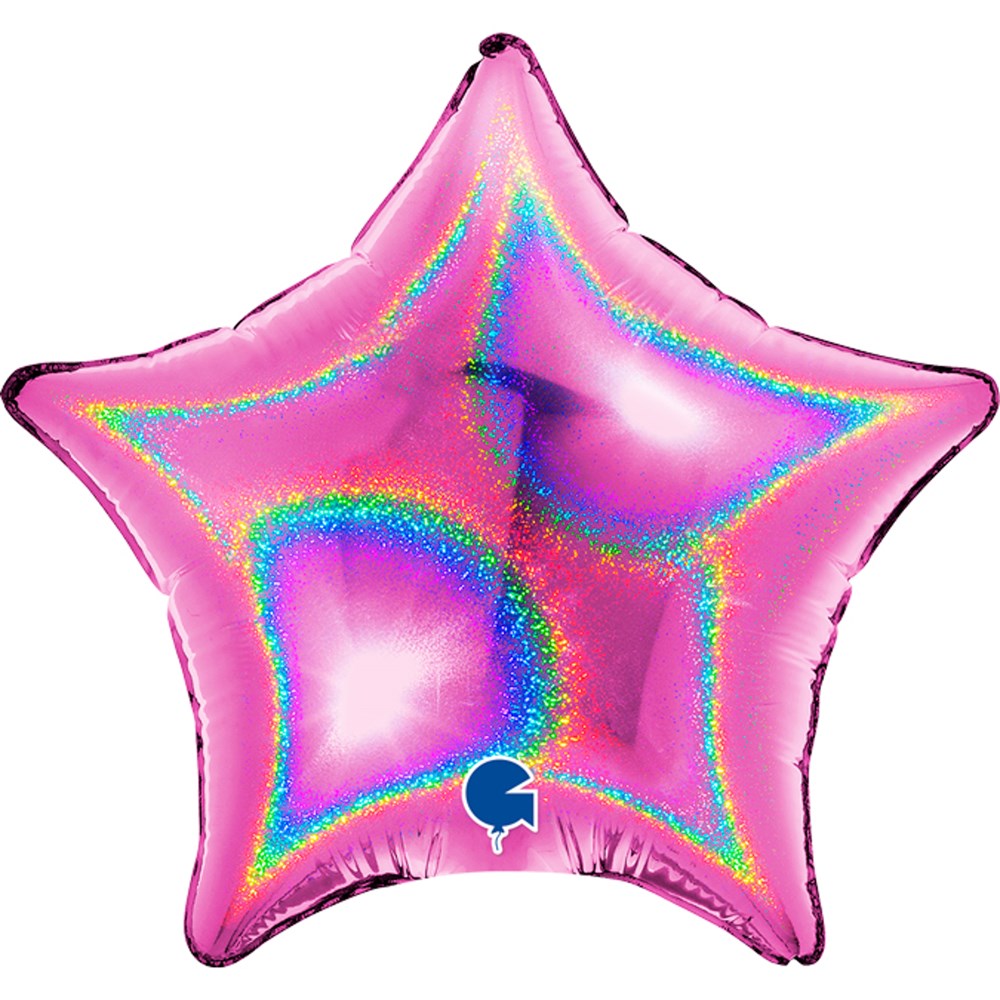 Fuchsia star-shaped balloon with holographic glitter accents and a shiny metallic finish.