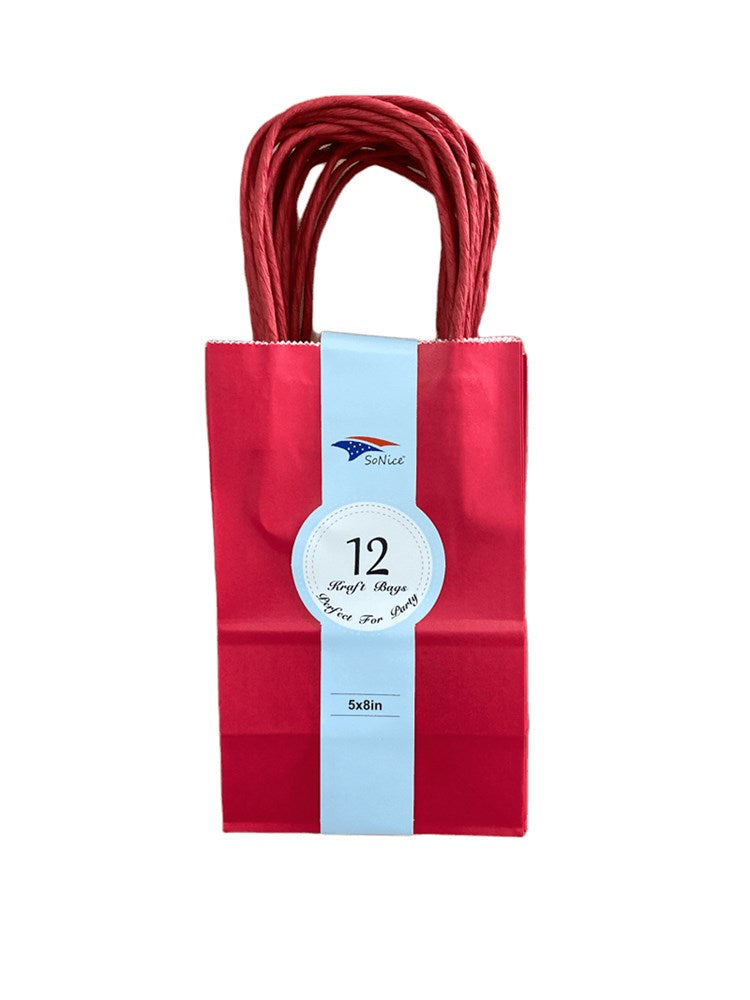Set of 12 glossy red craft bags with twisted paper handles, vertical rectangular shape.