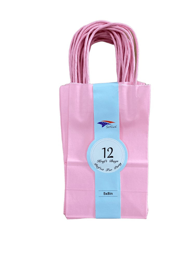 Light pink matte paper craft bag with twisted handles, 5.25x8 inches, 12 count pack.
