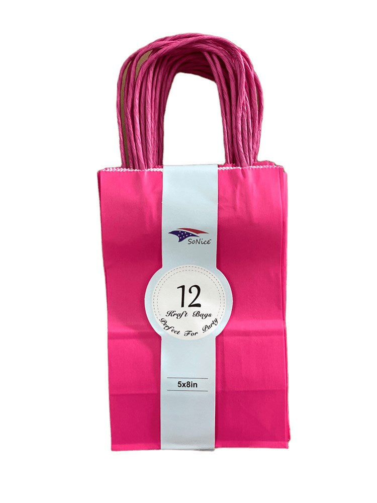 Set of 12 fuchsia pink craft bags, 5x8 inches, with twisted handles and smooth paper texture.