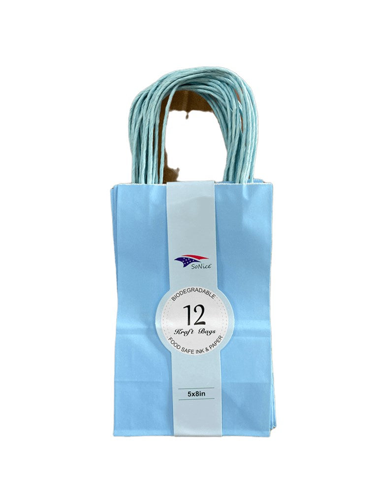 Set of 12 light blue paper craft bags with flat bottom and twisted paper handles, 5.25x8 inches each.