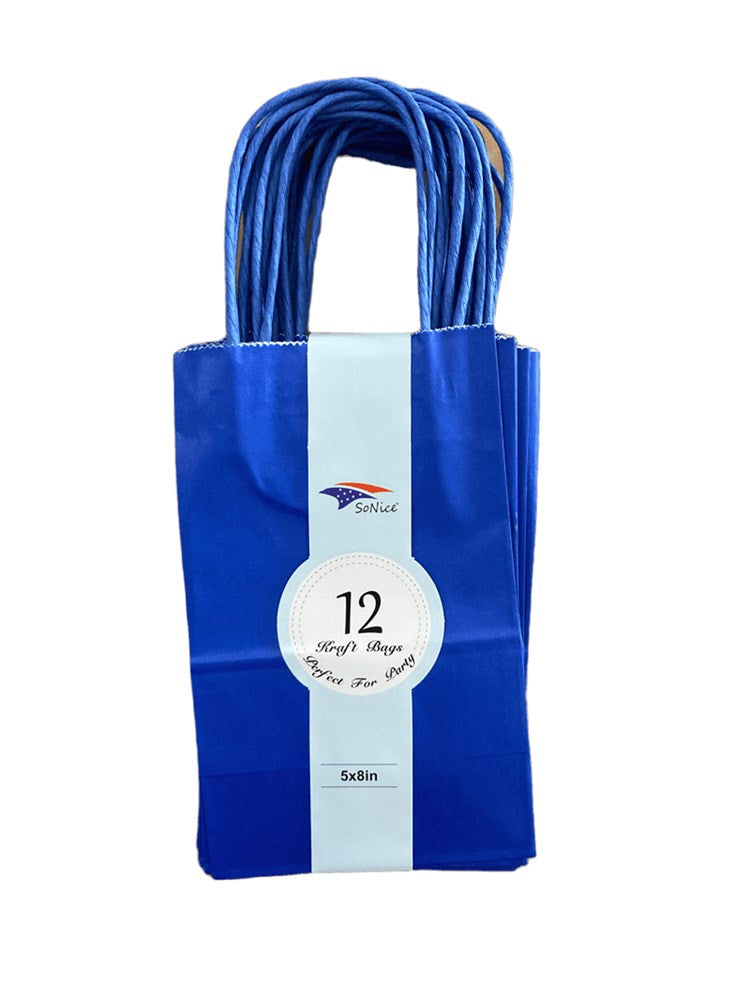 Set of 12 royal blue craft bags with flat handles, 5.25x8 inches, paper material.