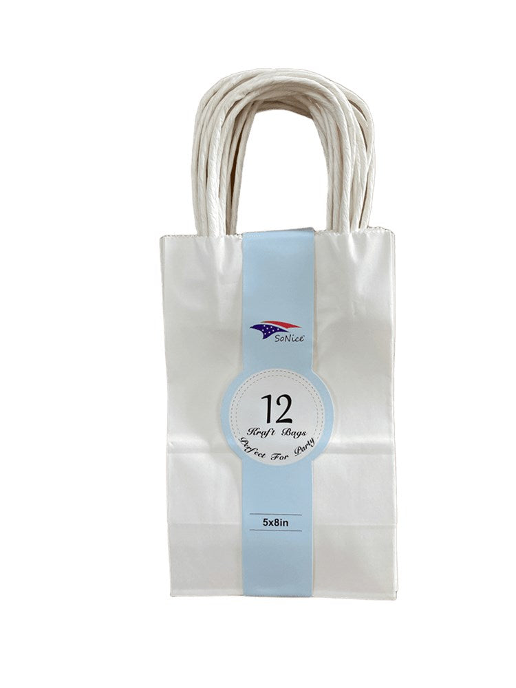 White glossy craft bags with twisted paper handles, 5.25x8 inches, pack of 12.