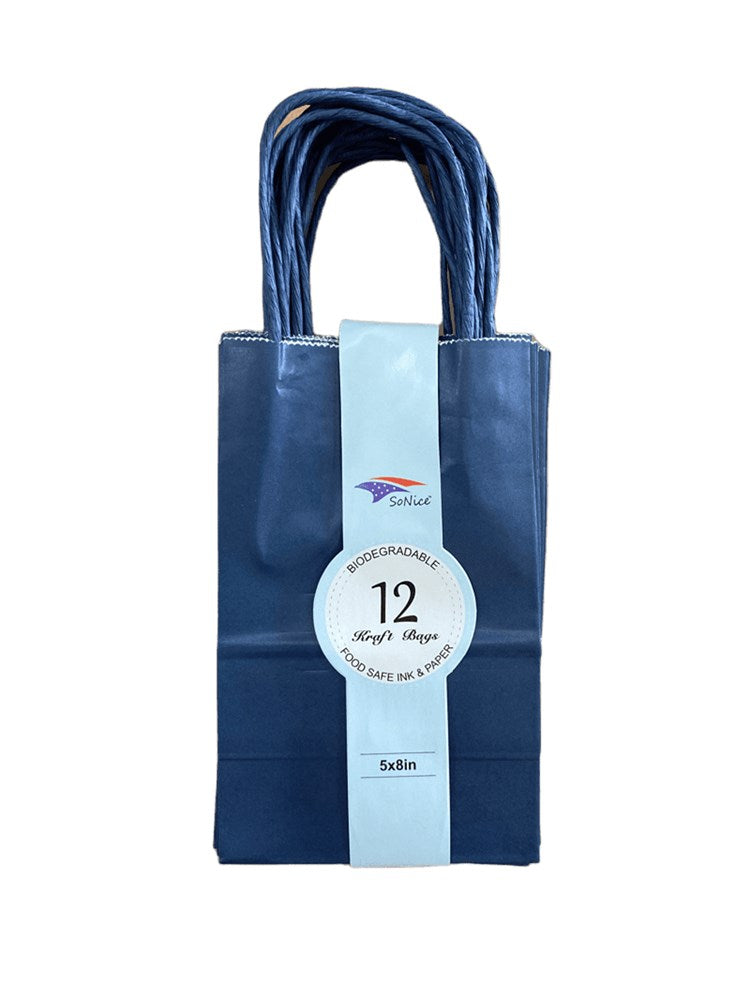 Set of 12 navy blue paper craft bags with twisted handles, 5x8 inches each.
