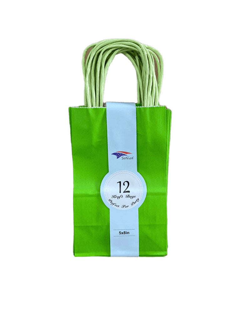 Set of 12 small apple green paper craft bags with twisted handles, 5x8 inches each.