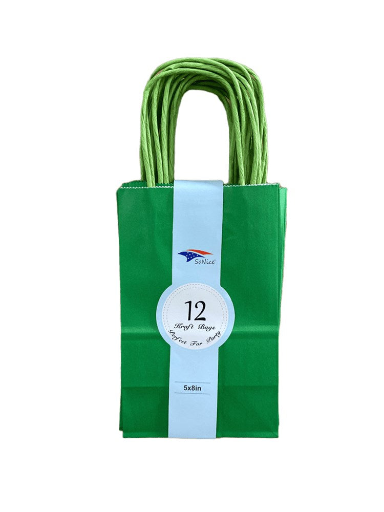 Set of 12 emerald green paper craft bags with twisted handles, 5x8 inches, neatly stacked with a white paper band around.