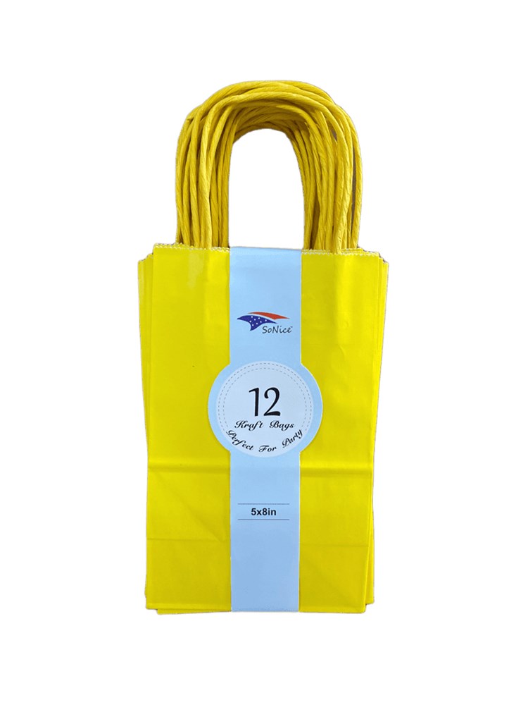 Set of 12 small yellow paper craft bags with twisted handles and a label showing quantity.