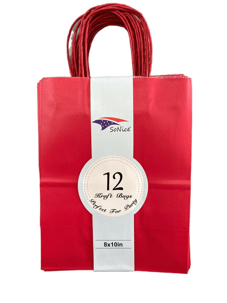 Red rectangular craft bag with twisted handles, labeled "12 Soft Wipes" and measuring 8x10 inches.