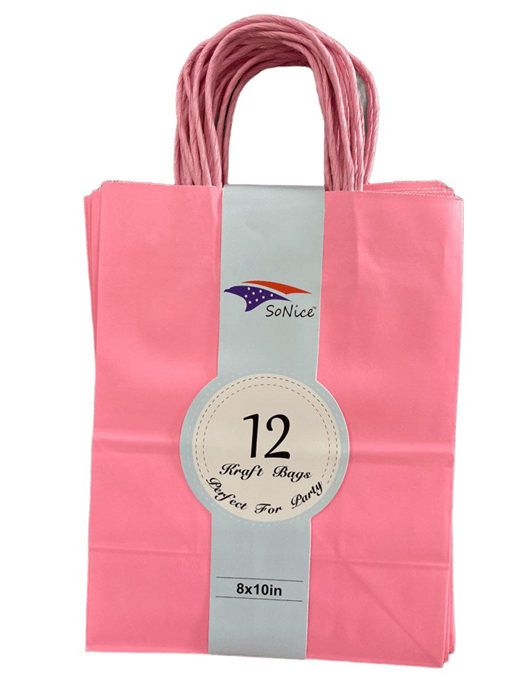 Light pink craft bag with twisted handles and a 12-count label on a white band wrapping the bag.