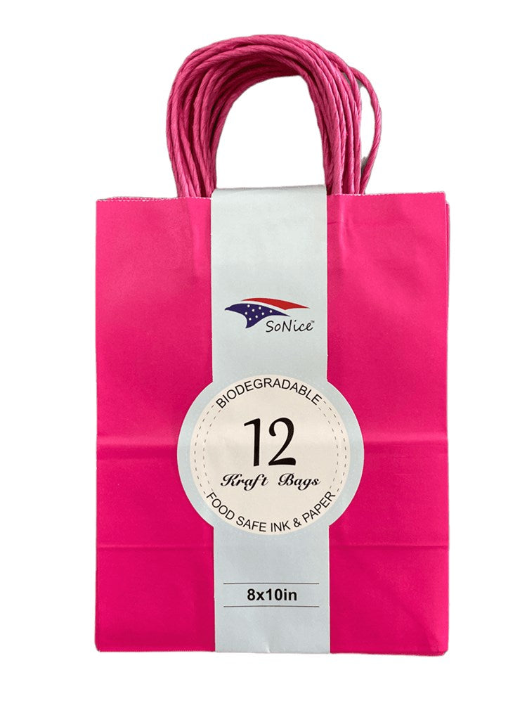 Fuchsia paper craft bag with twisted handles, 8x10 inches, pack of 12 with white label.