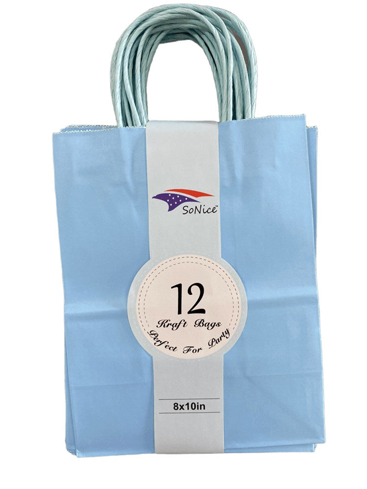 Light blue paper craft bag with twisted handles, 8x10 inches, pack of 12.